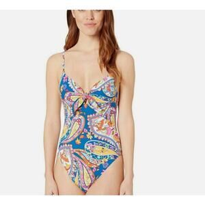 Trina Turk Moroccan Paisley Knot Front High Leg One Piece Swimsuit Size 10